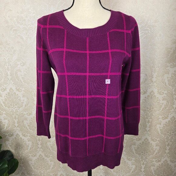 LOFT Size Medium Fuchsia Pink Windowpane Pattern Sweater Round Neck Long Sleeve - Picture 1 of 13